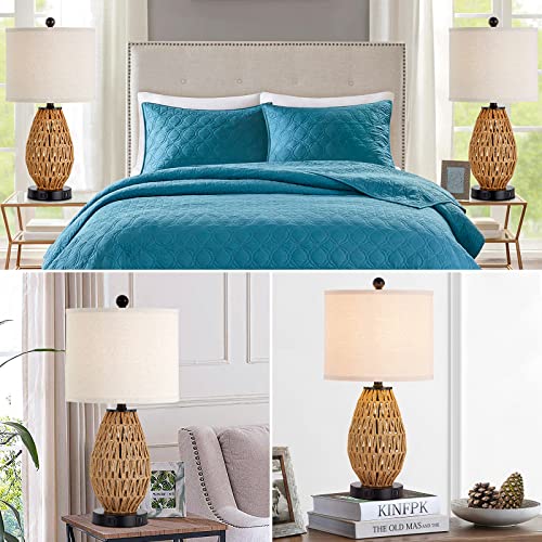 CINSARY Rattan Touch Control Bedside Table Lamps Set of 2 with USB & AC Outlet, Dimmable Nightstand Lamps for Bedroom & Living Room — Natural Wicker Finish