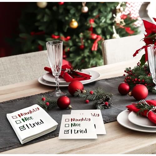Gift Boutique - 100 Count Christmas Naughty or Nice Cocktail Beverage Napkins Holiday Disposable Paper Napkin Funny Dessert Napkins for Home Dinner Buffet Xmas, Tableware Party Supplies Decorations