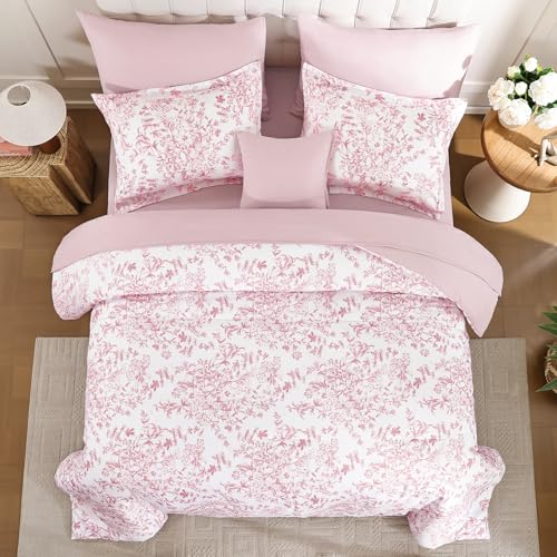 Pink Floral Queen Size Comforter Set - 8 Pieces Bed in a Bag, Microfiber Bedding