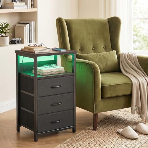 Fixwal Night Stand with 3 Drawers & Charging Station - Black, RGB LED Light, Size: 15.7"D x 11.8"W x 26.9"H