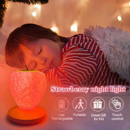 Strawberry Night Light, LED Cute Night Light, Cute Silicone Strawberry Lamp, 3 Modes Touch for Birthday, Christmas (Red)