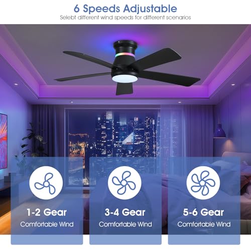 Black 46-Inch Ceiling Fan with RGB Lights - Flush Mount, Dimmable LED, Modern Low Profile