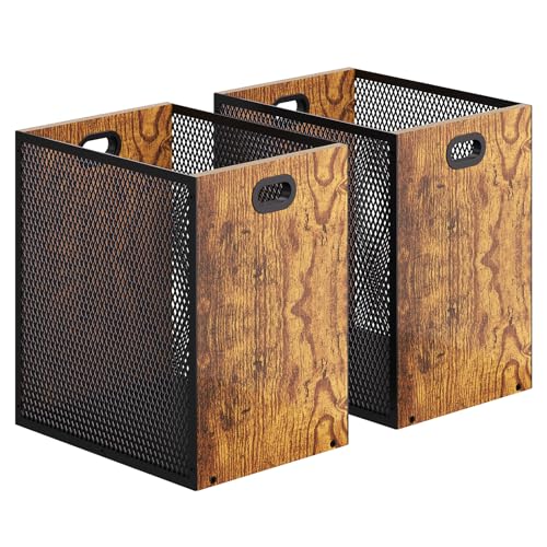 Large 2-Pack Retro Industrial Trash Cans - Iron & Wood Wastebaskets with Handles