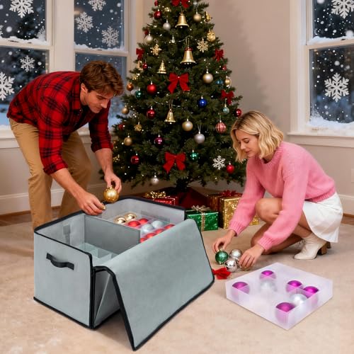 BALEINE Christmas Ornament Storage Box with Dividers, Grey, Holds 128 Balls, Soft Material