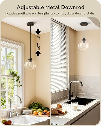 EDISHINE 2-Pack Pendant Lights for Kitchen Island, Clear Glass Globe, Black