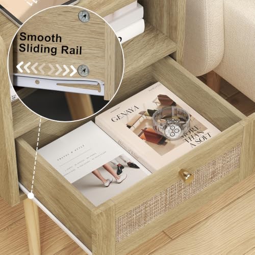 MECHYIN Nightstand Set of 2 with Charging Station, Rattan & Solid Wood, Light Oak, 15.9 x 11.8 inches