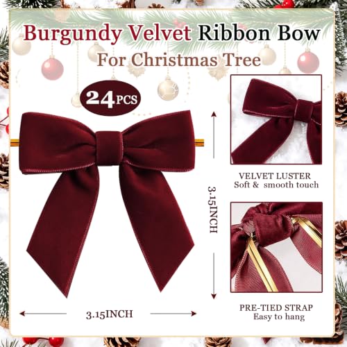 24Pcs Burgundy Red Velvet Christmas Bows - Small Holiday Gift & Decor