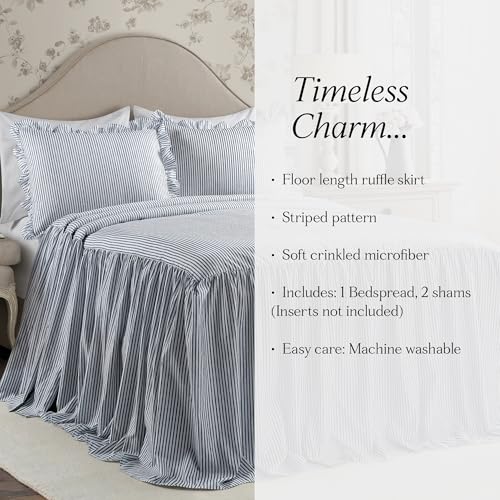 Lush Decor Navy King Size Ticking Stripe Bedspread Set with Ruffle Skirt