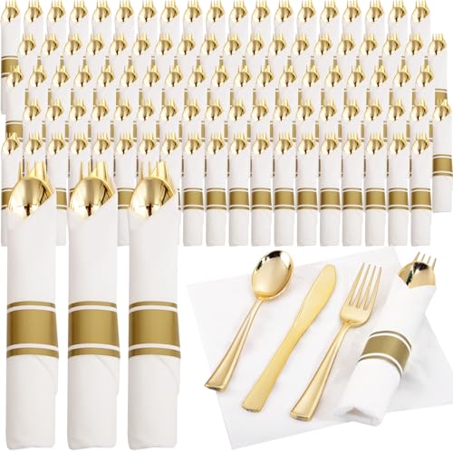 120 Pack Gold Plastic Cutlery Set with Napkins - Wrapped Disposable Forks Spoons Knives