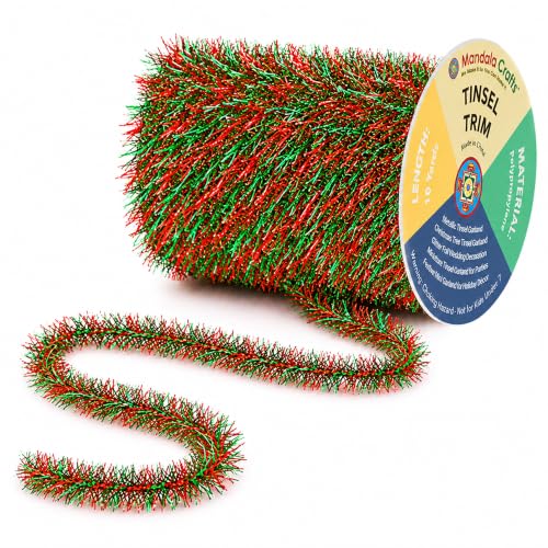 Christmas Tinsel Garland - Festive Red & Green Metallic Decor, 30ft, Indoor & Outdoor Use