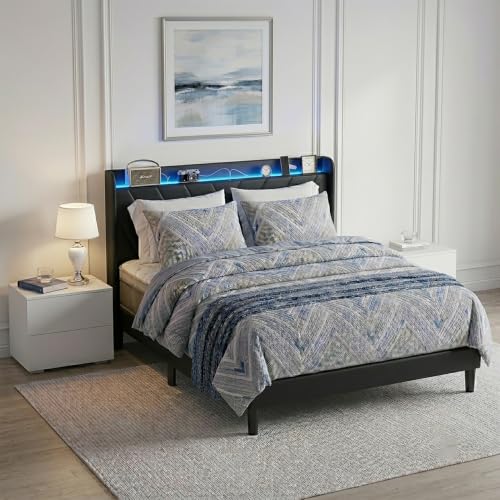 Queen Bed Frame with LED Lights & Charging Station, Upholstered Wingback Headboard, Noise-Free Metal Platform Bed