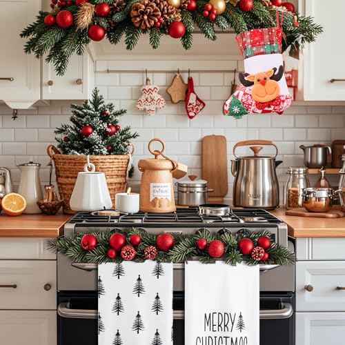 Christmas Kitchen Towels Set of 2, 18x26 Inch White Dish Towels with Black Xmas Tree, Perfect Black Christmas Decor and Gifts, Absorbent Microfiber, Durable & Machine Washable