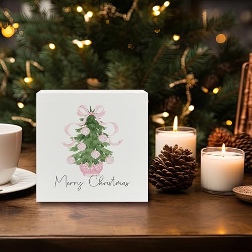 JWVK Pink Ribbon Chinoiserie 5x5 Wooden Box Sign - Grandmillennial Christmas Decor, Color-4