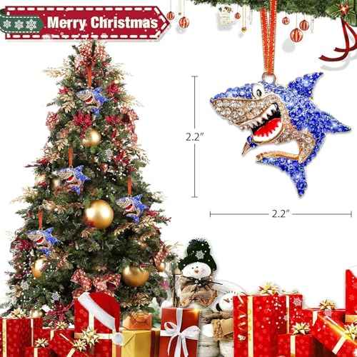Shark Christmas Ornament Metal Shark Ornament for Christmas Tree Rhinestone Shark Christmas Ornament Hanging Shark Ornament for Home Christmas Party Gifts for Girls Woman Ocean Animal Lover