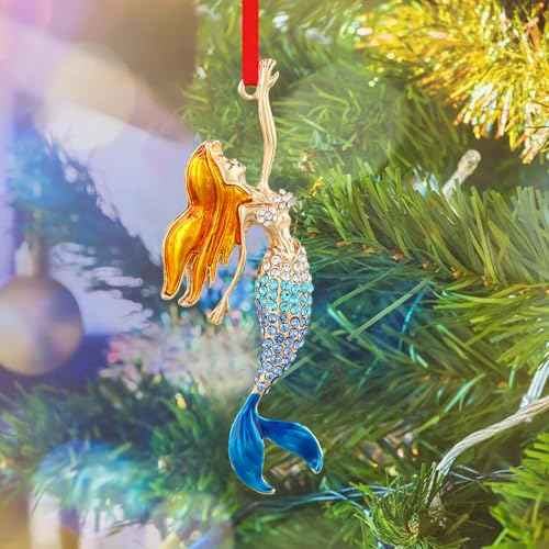 SICOHOME Mermaid Ornaments for Christmas Tree - Coastal Sea Ocean Hawaii Beach Themed Christmas Hanging Ornament with Rhinestones for Christmas Tree Gifts for Ocean Lover - Blue