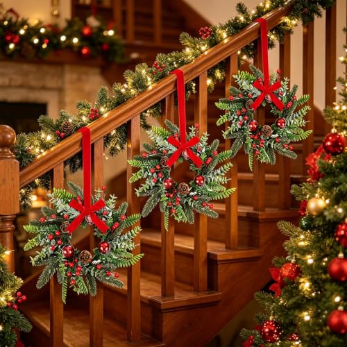YLOLUL 12 Pcs Mini Christmas Wreaths with Ribbon - 9 Inch Holiday Kitchen Decorations