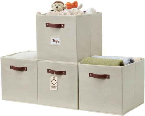 DECOMOMO Storage Baskets - 13x15x13 Cube Bins with Labels for Organized Shelves | Beige (Set of 4)
