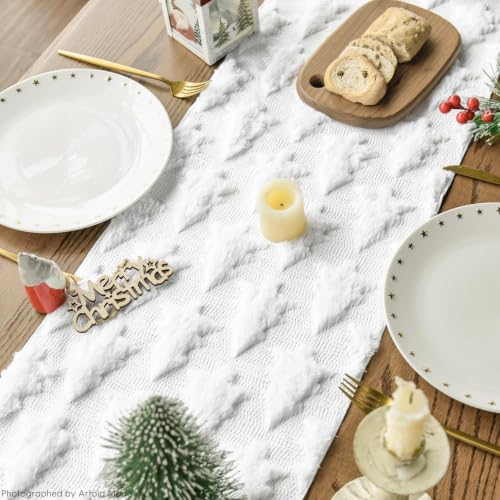 Artoid Mode 13x60 Inch Christmas Table Runner - Soft Plush Faux Fur Jacquard, White
