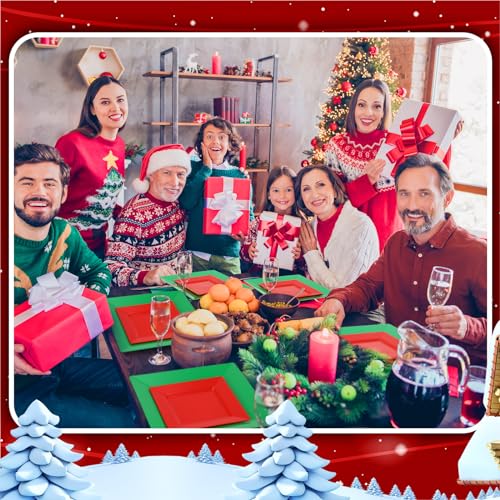 Maxcheck Christmas Disposable Square Plates Set 80 pcs, Red & Green Holiday Dinnerware