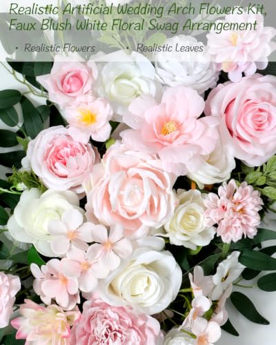NanMeHeer 40 Inch Blush White Faux Wedding Arch Flowers 2 Pack - Flexible & Reusable Floral Swags for Wedding Backdrops