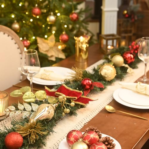 Valery Madelyn 9ft Pre-Lit Christmas Garland with Red and Gold Balls & Bow - Indoor & Outdoor Decor
