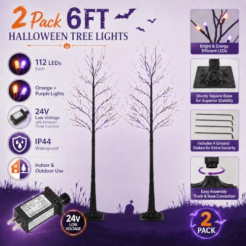 HOLIMAX 6FT LED Lighted Halloween Tree 2-Pack Orange & Purple Indoor Outdoor Decor