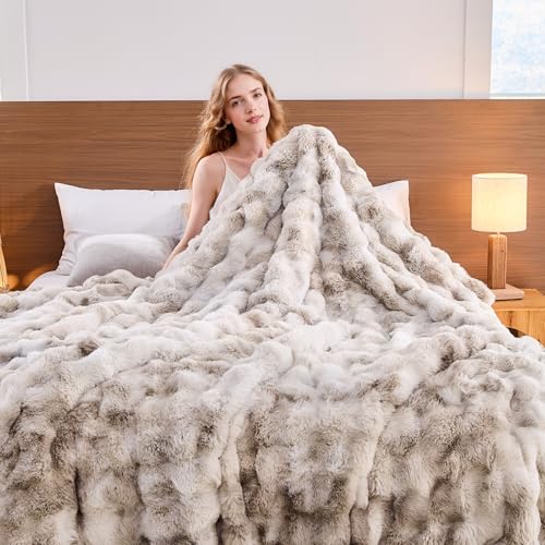 Jeyfull Fluffy Faux Rabbit Fur Throw Blanket King Size 108x90 Tie-Dyed Beige