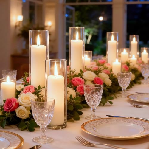 12-Set White Pillar Candles & Glass Candle Holders Set for Weddings & Events