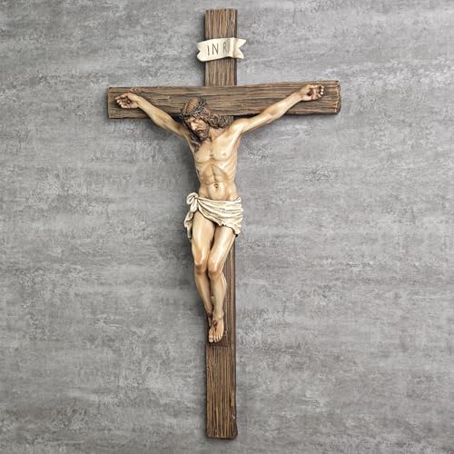 Large Catholic Wall Cross with Jesus Statue - 20.75 Inch Religious Decor, Realistic Finish
