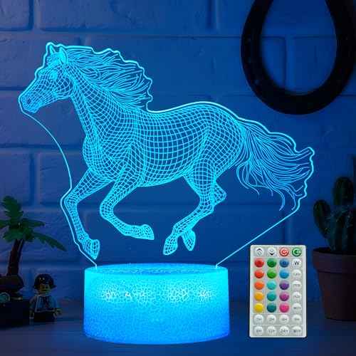 Horse Night Light, Horse Gifts for Girls, 3D Illusion Lamp with 16 Colors Dynamic Changing, Remote Control with Timer, Kids Boy Girl Room Decoration for Holiday Birthday Christmas