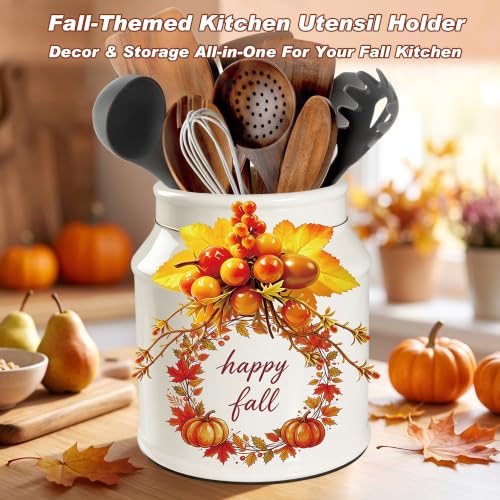 Fall Ceramic Utensil Holder with Autumn Wreath - BOXJINCO Fall Decor