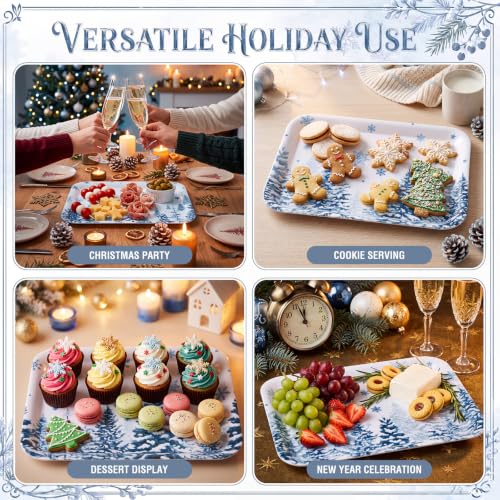 White Winter Holiday Serving Trays Set of 4 Melamine Platters for Xmas & Parties