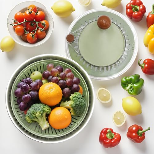 Stainless Steel Salad Spinner 5.3 Qt with Stop Button & Drain Hole, Non-Slip Base, Dishwasher Safe