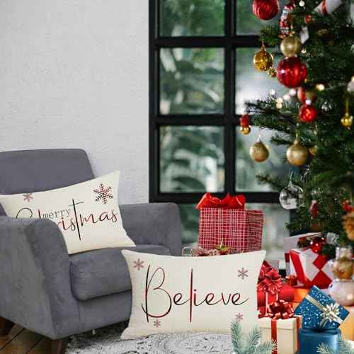 Christmas Pillow Covers 12 x 20 Inch Set of 2 Merry Christmas Believe White Throw Pillow Covers Winter Xmas Winter Holiday Decorative Cushion Cases for Sofa Couch