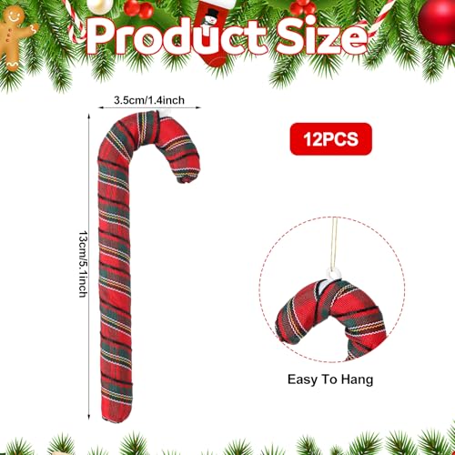 12 Pcs Red Farmhouse Plaid Candy Cane Christmas Ornaments - Holiday Decor