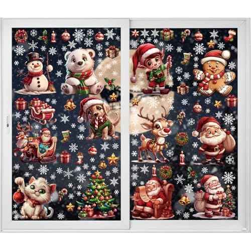 12 Sheets 171 Pcs Big Size Christmas Window Clings - Santa, Reindeer, Dog & Cat Window Stickers & Decals for Home, School, Office & Party Supplies