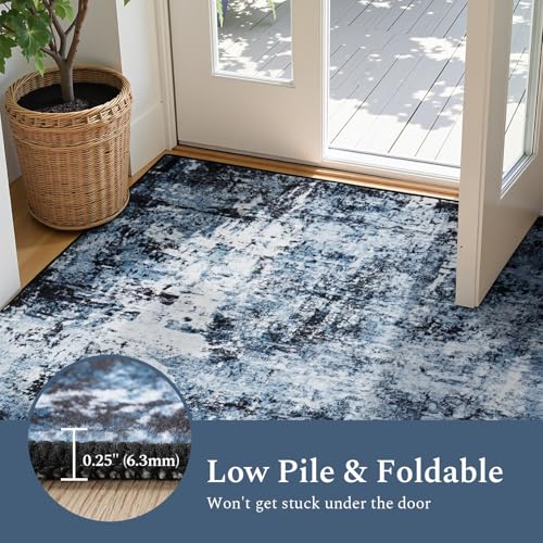 Ocean Blue Abstract Area Rug 9x12 - Washable Navy Blue Living Room Carpet - Variation 01 Ocean Blue
