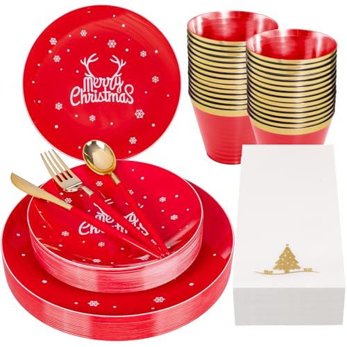 Nervure Red and White Christmas Plastic Plates 175PCS Disposable Dinnerware Set
