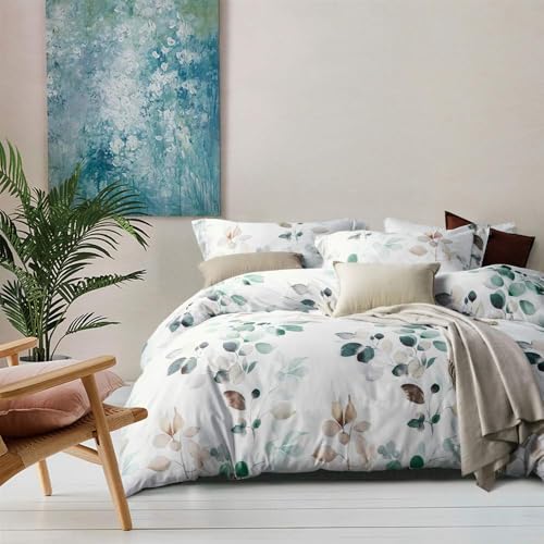King White Brown Floral Green Leaves Duvet Cover Set 3pcs - No Comforter