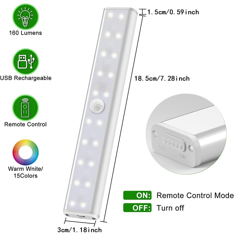 Diomart 4 Pack Rechargeable RGB Under Cabinet Lights with Remote Control - 15 Color Changeable Wireless LED Night Lights for Indoor Display Shelf