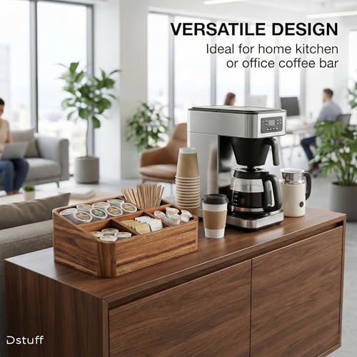 Acacia Wood Coffee Station Organizer with 5 Compartments for Kitchen Countertop and Office