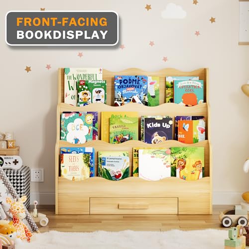 29.6-Inch Kids Montessori Scalloped Bookshelf with Drawer - Toddler Storage
