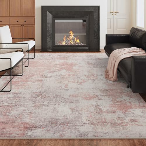 Pink Gray Washable Area Rug 6x9 ft - Vintage Print, Non-Slip, Pet-Friendly