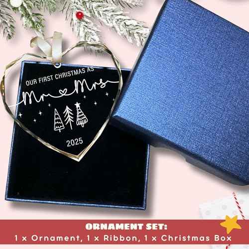 First Christmas Married Ornament 2025 - Mr and Mrs Gifts, Wedding Gifts - Wedding Gift for Couples 2025, Newlyweds, Bride - Bridal Shower Gift Ideas - Glass Christmas Hanging Ornament
