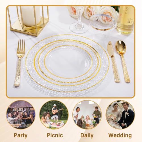 Nervure 102PCS Clear Gold Plastic Disposable Plates 7.5 & 10.25 Inch Set