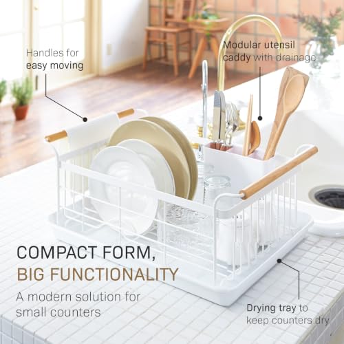 YAMAZAKI White Dish Drying Rack with Removable Tray & Cutlery Holder – Modern Kitchen Organizer