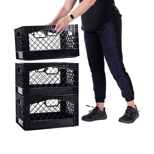 Black Plastic 24-Quart Rectangular Milk Crates 3-Pack with Handles - Heavy Duty Storage Bins