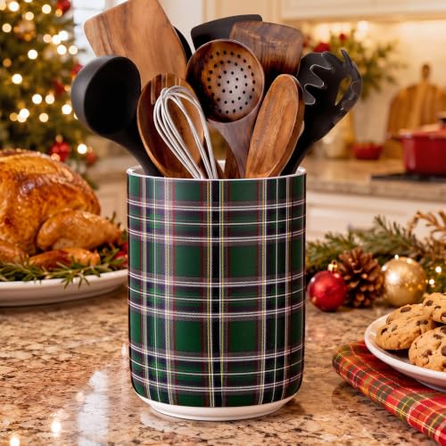 Qinyoung Christmas Utensil Crock with Tartan Plaid Design - Green Ceramic Kitchen Organizer