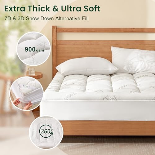 Love's Cabin King Mattress Topper White - Thick Pillow Top Cooling Bamboo Feel