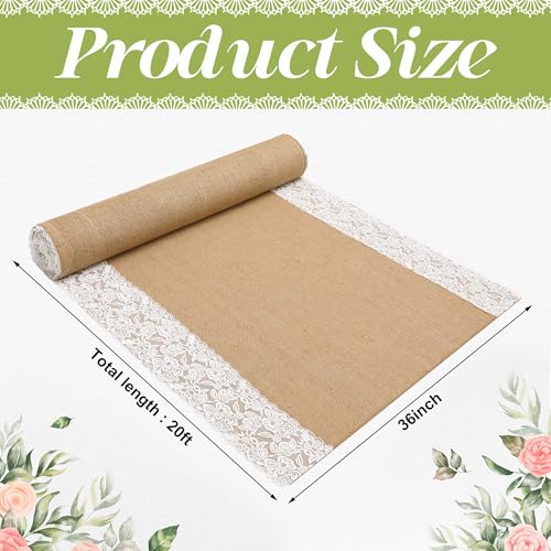 20ft Natural Burlap Wedding Aisle Runner with Lace Edges - Moonoom